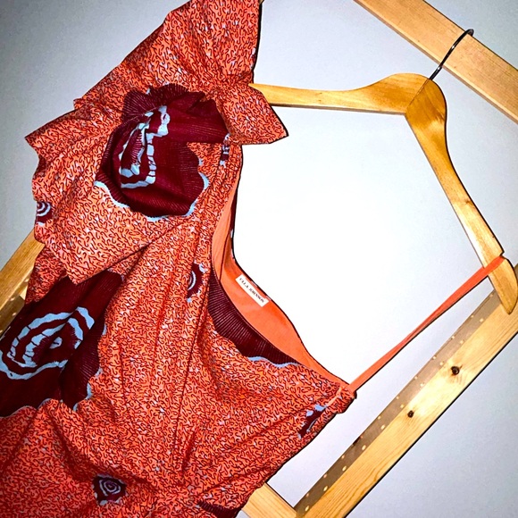 ULLA JOHNSON Cotton Print One Shoulder Ruffle Midi Shift Dress Size 12 - Picture 2 of 7